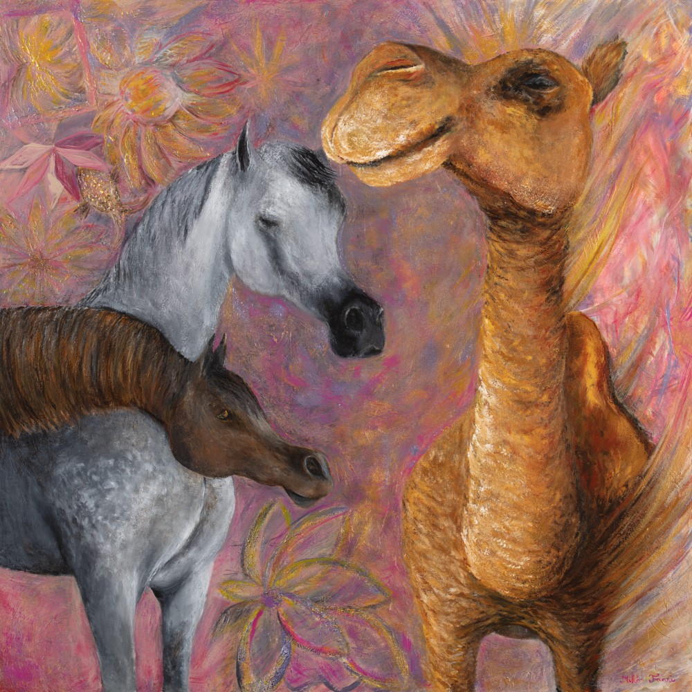 Fanni Mikó - Paintings - THE CAMEL WITH TWO HORSES - 2023, ACRYLIC, CANVAS - 100 X 100